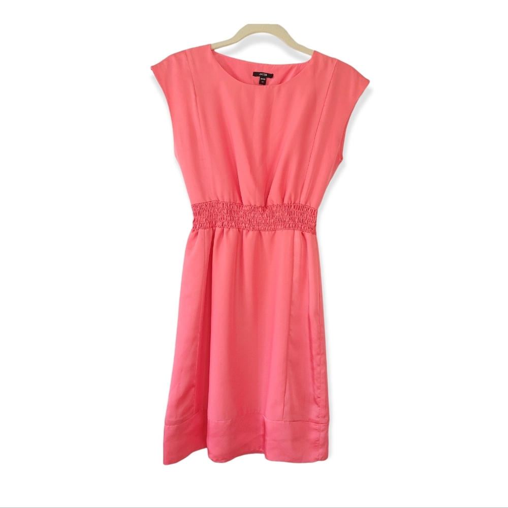 JACOB Satin Pink Crew Neck Cap Sleeve Elastic Waist Midi Dress